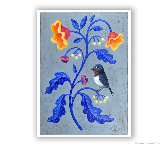 Print Poster - Fine Art Print - Bird and Flower - A4 Art Poster Painting - Home Decor (11.7 x 8.3 in)