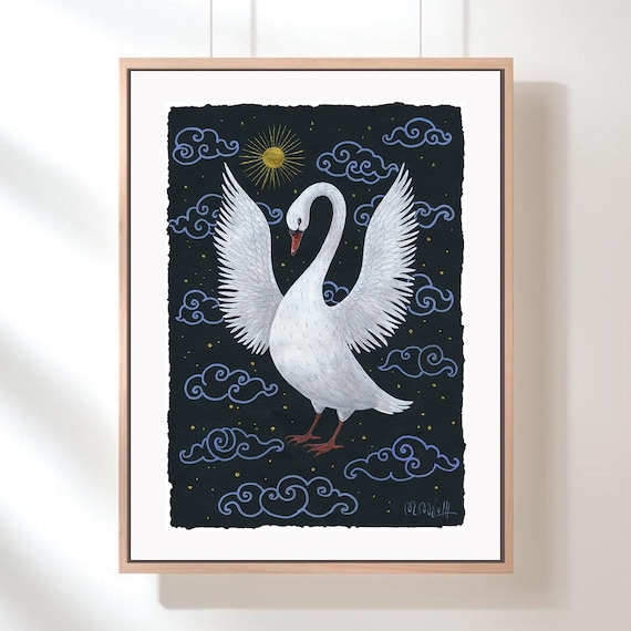 Swan original graphic, acrylic on paper, 21 x 30 cm. Gothic home decor, swan painting on artist paper, folk art with floral details