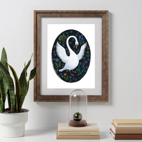 Swan Art Print A4 – Folk Art Illustration Swan Art Print Animal Poster Wall Decoration Living Room Gift for Nature Lovers Gothic Home Decor