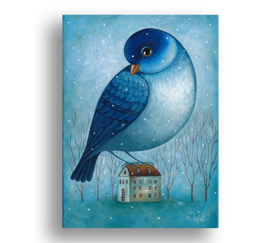 Big blue bird, original acrylic painting,  Painting on canvas original, 40 x 30 cm