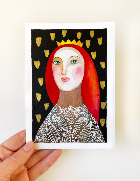 Original Painting Portrait Watercolor Gold on Paper Small Original Paintings