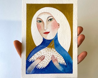 Original Painting Portrait Watercolor Gold on Paper Small Original Painting