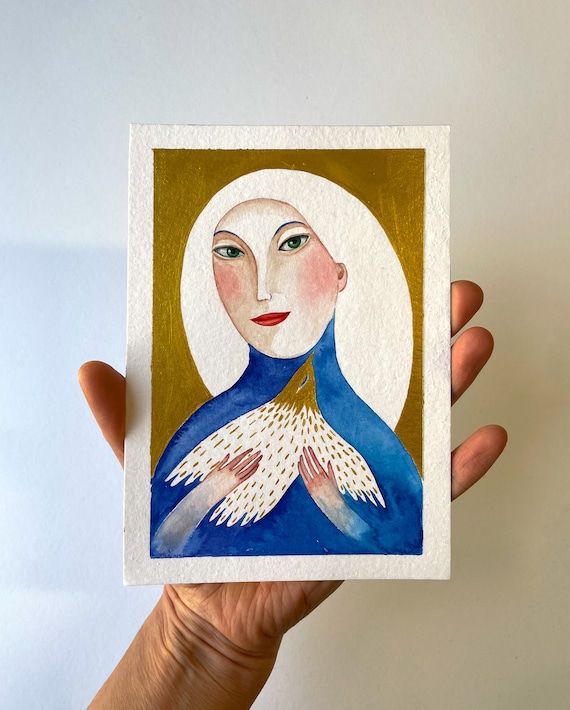 Original Painting Portrait Watercolor Gold on Paper Small Original Paintings