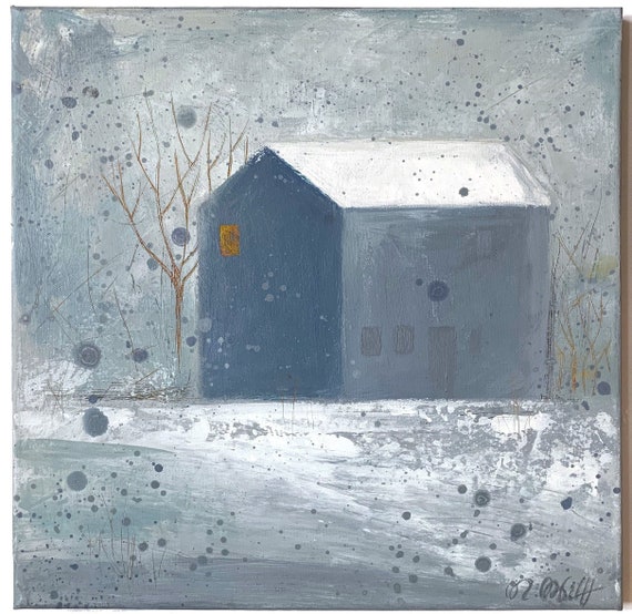 House, Home sweet home, winter landscap original painting, acrylic on canvas, unique, 50 x 50 cm