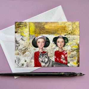 Cartolina artistica Wolf Twins Illustrazione magica Biglietto di auguri Decorazione murale Cartolina piccola stampa A6