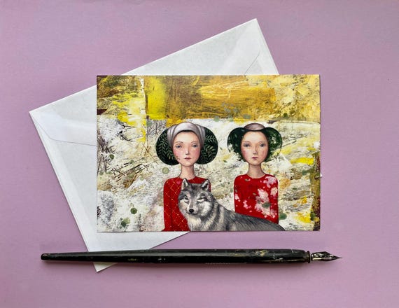 Art Postcard Wolf Twins Magical Illustration Greeting Card Wall Decoration Postcard Small Print A6