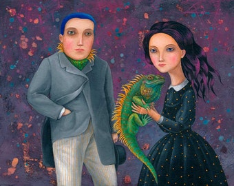 Iguana Art Print, Print of Original Acrylic Picture, Art Poster A4 Man and Woman Portrait