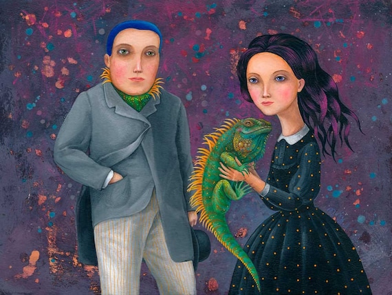 Iguana Art Print, Print of Original Acrylic Picture, Art Poster A4 Man and Woman Portrait
