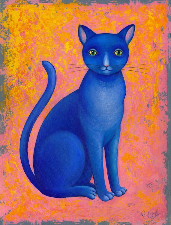 Blue cat, picture, art print, print of original acrylic painting , A4