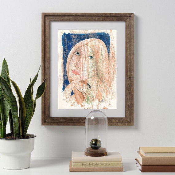 Original painting girl portrait with blue hair watercolor acrylic illustration by Margarita Wolff