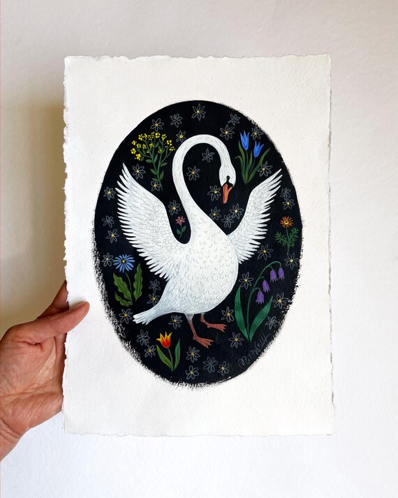 Swan original graphic, acrylic on paper, 21 x 30 cm. Gothic home decor, swan painting on artist paper, folk art with floral details