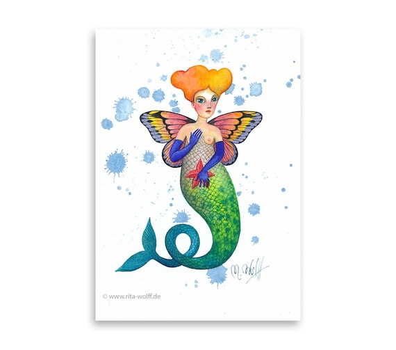 original watercolor, picture, Mermaid, Butterfly