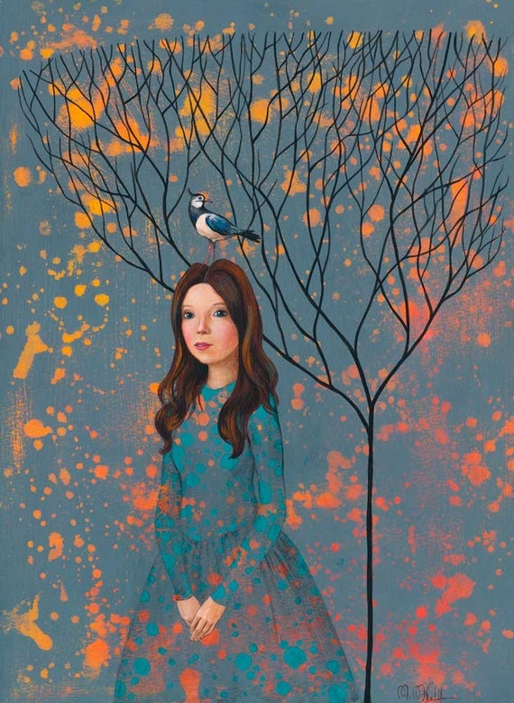 Woman with Bird Art Print  Acrylic Picture A3 A4 Acrylic Painting