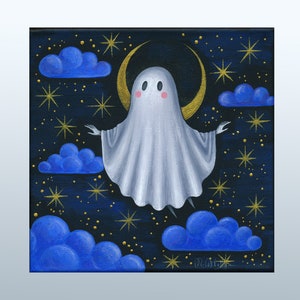Floating ghost original on canvas 20 x 20 cm, night sky, moon and clouds, Gothic home decor image 2