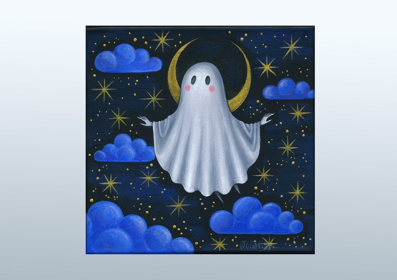 Floating ghost original on canvas 20 x 20 cm, night sky, moon and clouds, Gothic home decor image 2