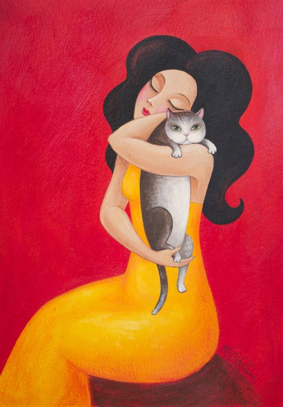 Cat print, cat painting, woman portrait, woman cat print, woman with cat print Modern cat lover poster