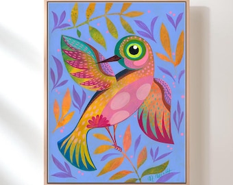 原画　ハチドリ　動物画　絵画　アクリル画　現代アート　細密画　手描き　一点物 ハチドリの絵画 - 熱帯の色鮮やかな鳥のオリジナルアクリル画 - Etsy 日本