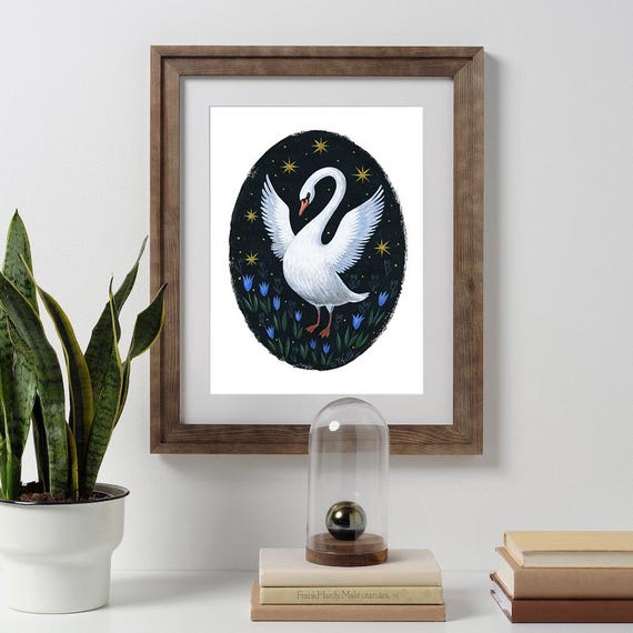 Swan Art Print A4 – Folk Art Illustration Swan Art Print Animal Poster Wall Decoration Living Room Gift for Nature Lovers Gothic Home Decor