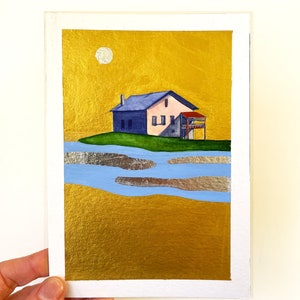 Original Painting House by the Lake Watercolor Gold on Paper Small Original Paintings