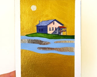 Original Painting House by the Lake Watercolor Gold on Paper Small Original Paintings