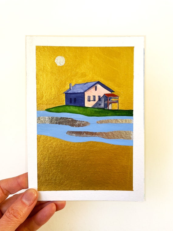 Original Painting House by the Lake Watercolor Gold on Paper Small Original Paintings