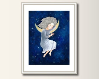 Moon Print Print of Original Acrylic Painting Art Poster A4 Sleeping Woman