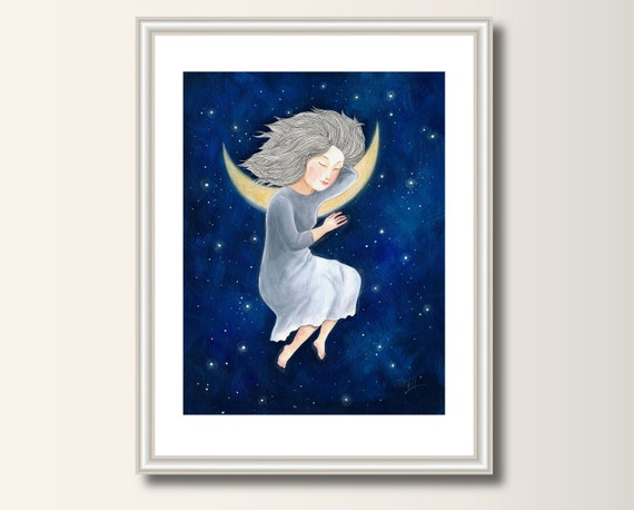 Moon Print Print of Original Acrylic Painting Art Poster A4 Sleeping Woman