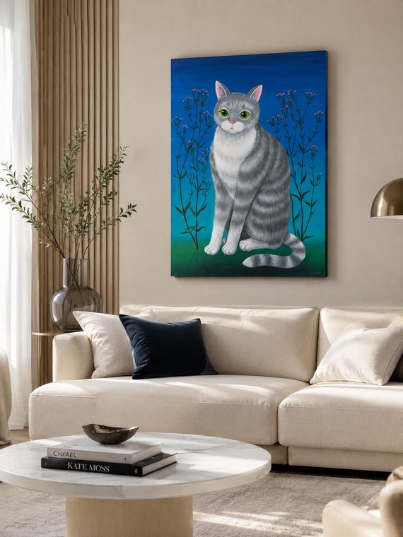 Original Cat Painting Acrylic on Canvas 60x80 cm – Gray Cat with Green Eyes – Cat Wall Art – Original Artwork – Gift for Cat Lovers