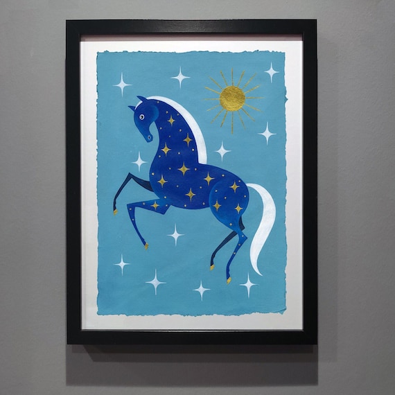 Blaues Sternenpferd Original Grafik, Acryl auf Papier 21 x 30 cm.