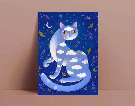 Blue cat, picture, art print, print of original acrylic painting , A4