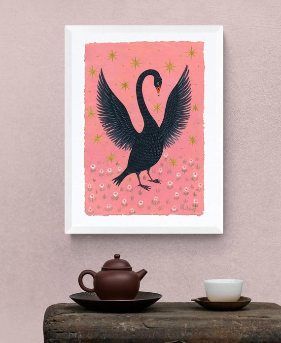 Swan pink original graphic, acrylic on paper, 21 x 30 cm. Gothic home decor, swan painting on artist paper, folk art with floral details