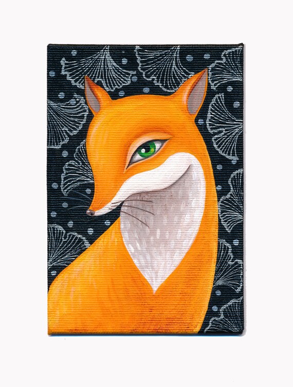 Fox and ginkgo leaves acrylic original, framed picture, golden frame