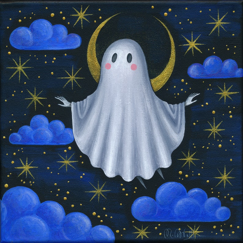 Floating ghost original on canvas 20 x 20 cm, night sky, moon and clouds, Gothic home decor image 3