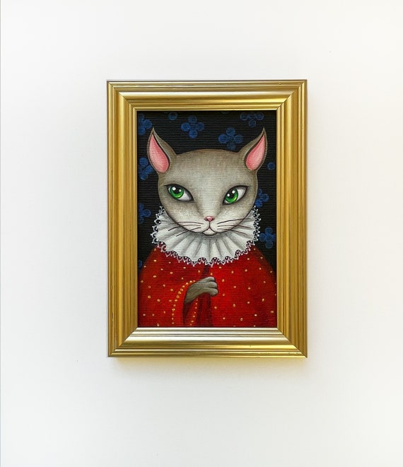 Cat acrylic original, framed picture, golden frame