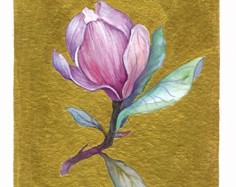 Original Painting Magnolia Watercolor Gold on Paper Small Original Paintings
