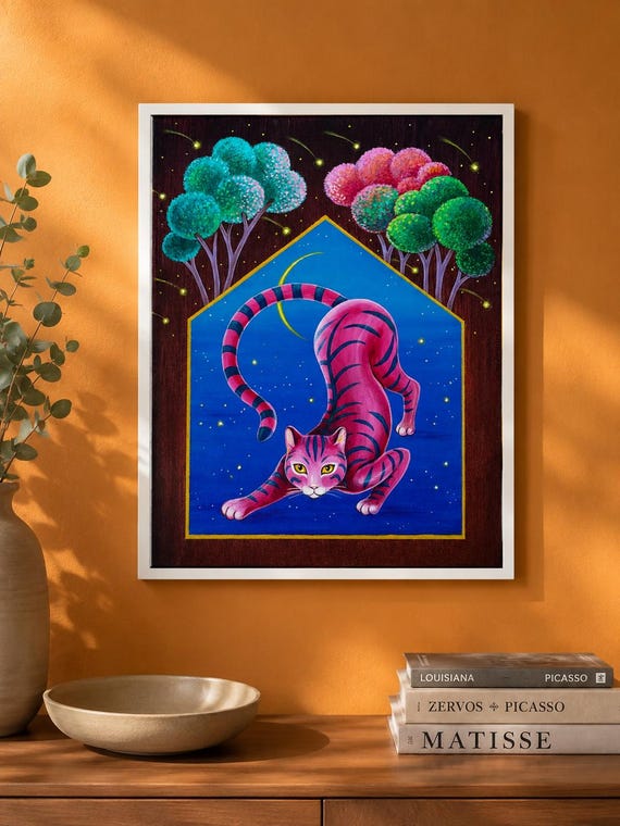 Magical Pink Tiger Cat – Original Acrylic Painting | Whimsical Animal Art | 30x40 cm Canvas