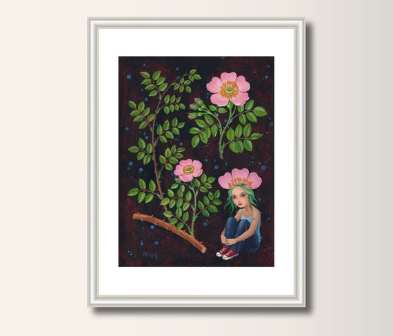 Original acrylic picture, acrylic painting on paper, girl and wild rose, unique 40 x 30 cm