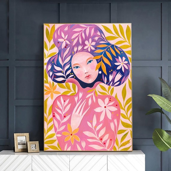 Original Floral Portrait – 30×40 cm Acryl auf Papier – Pink & Violet Botanical Woman