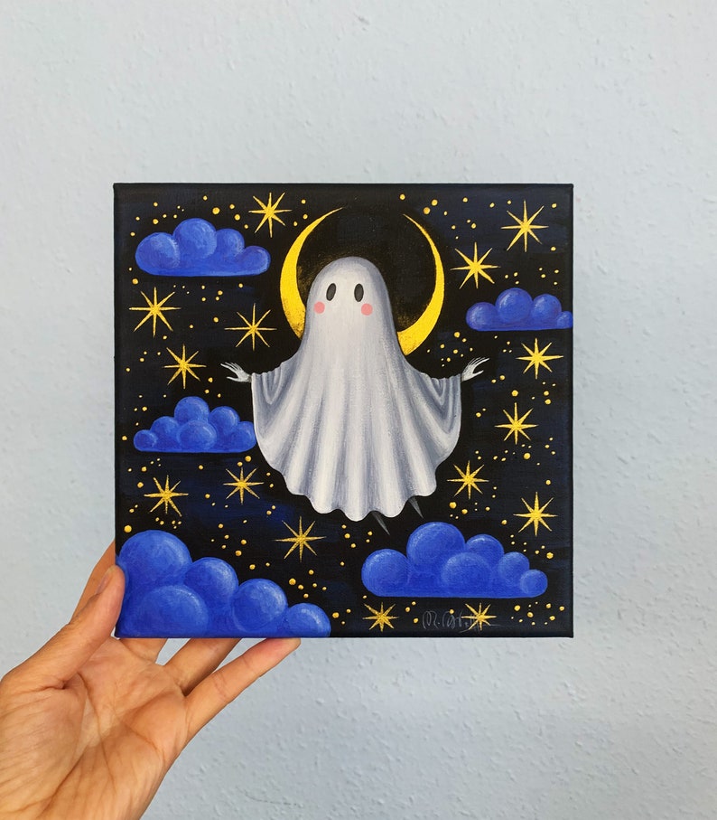 Floating ghost original on canvas 20 x 20 cm, night sky, moon and clouds, Gothic home decor image 1