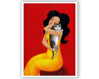 Cat print Woman with Cat  picture illustration,A4 (11.7 x 8.3 in)