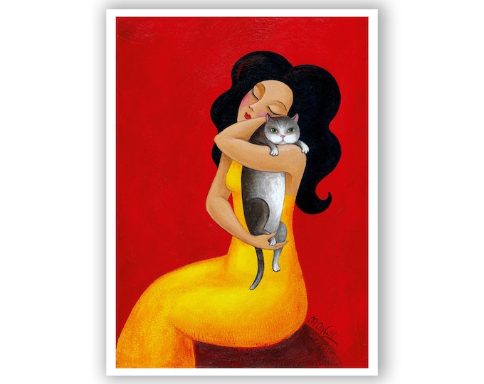 Cat print Woman with Cat  picture illustration,A4 (11.7 x 8.3 in)