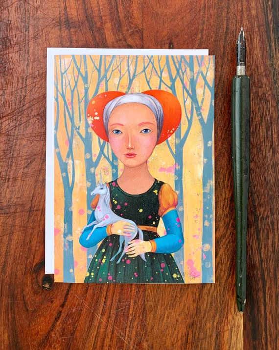 Postcard girl with unicorn greeting card A6 art card
