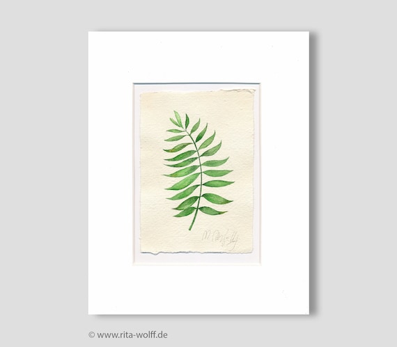 Plant leaf watercolor original, small mural, botany simple, hand-painted unique