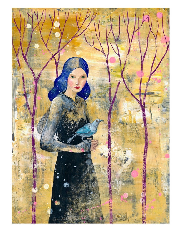 Woman with White Raven A4  A3 Fine Art Print