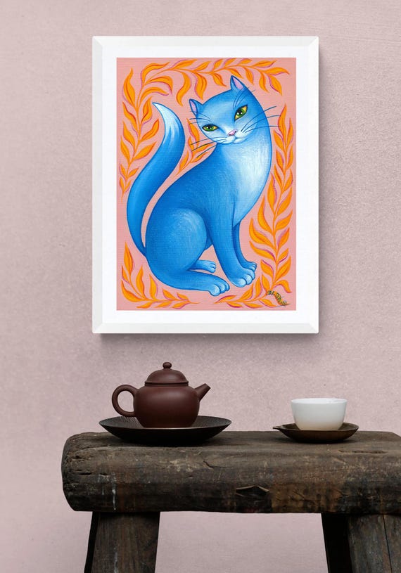 Blue cat, picture, art print, print of original acrylic painting , A4