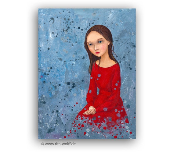 Original acrylic, red dress, unique, 40 x 30 cm, original painting on paper