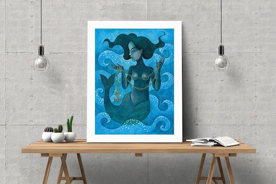 Mermaid  A3 Illustration Art Print  from original acrylic painting,