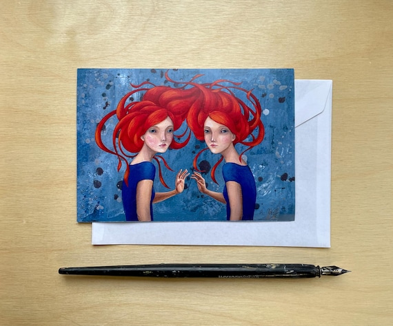 Art postcard "Red Twins" - Magical illustration of two women with flaming hair, ideal as a gift, greeting card or wall decoration
