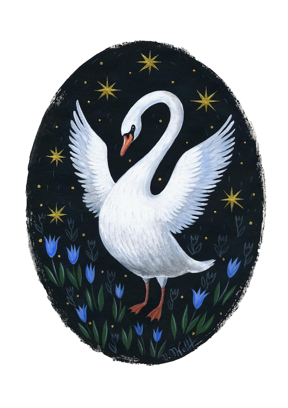 Swan Art Print A4 – Folk Art Illustration Swan Art Print Animal Poster Wall Decoration Living Room Gift for Nature Lovers Gothic Home Decor