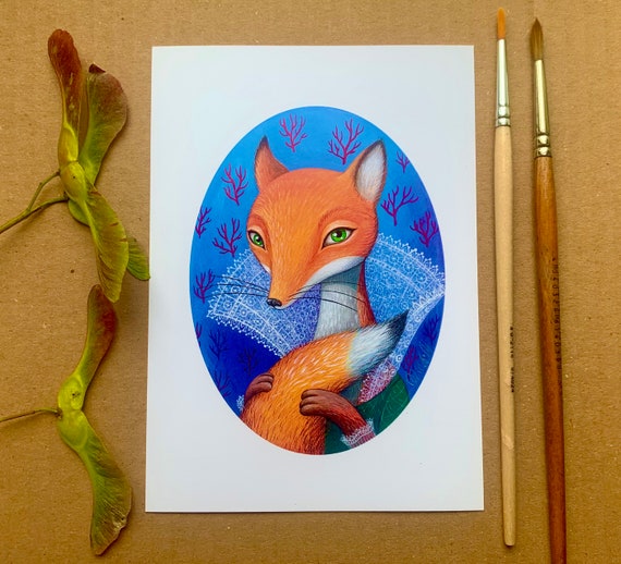 Postcard fox, art postcard, watercolor fox, art, art print, print, print fox
